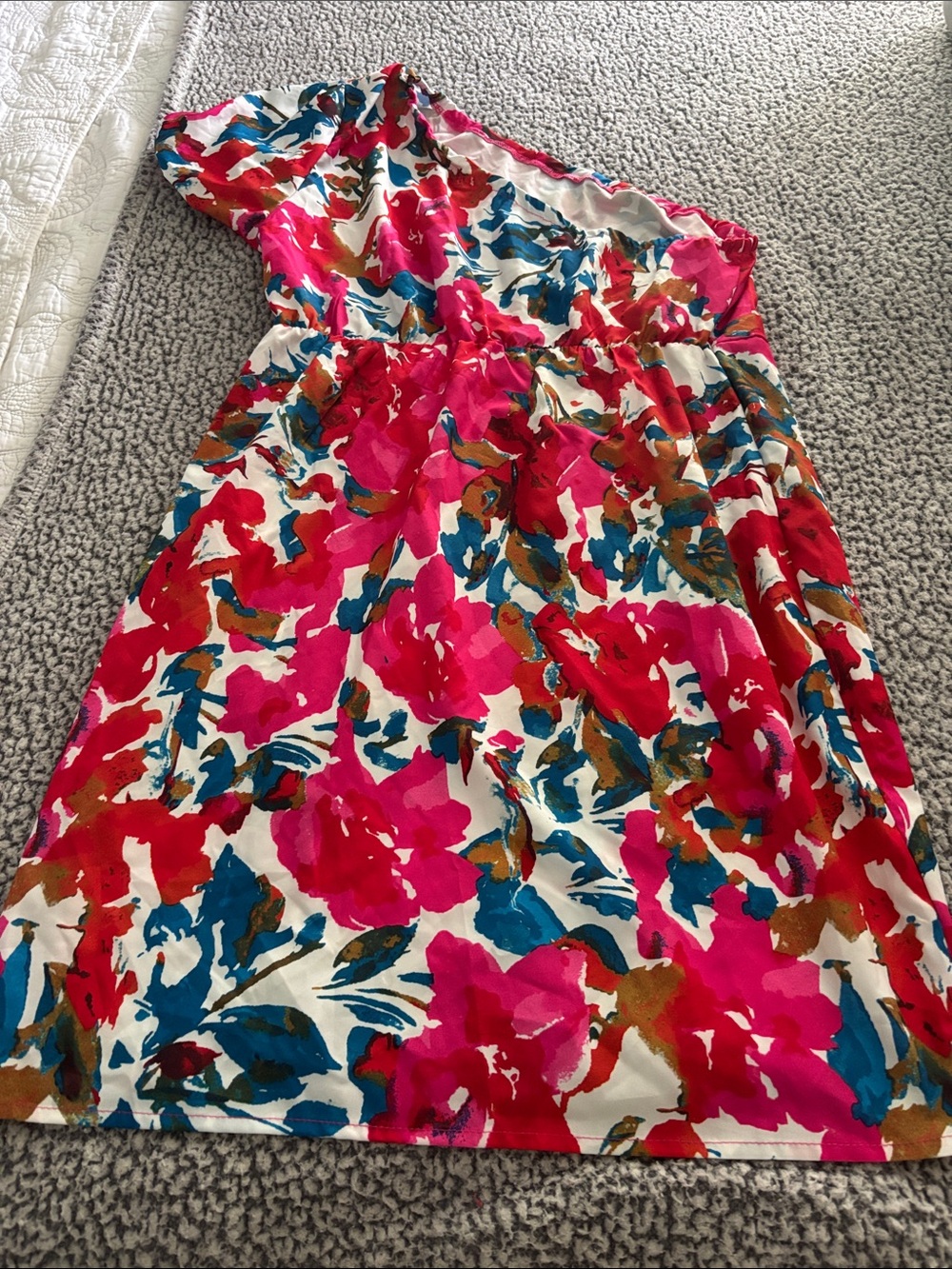 SHEIN One-Shoulder Floral Dress in Pink, Blue & Brown